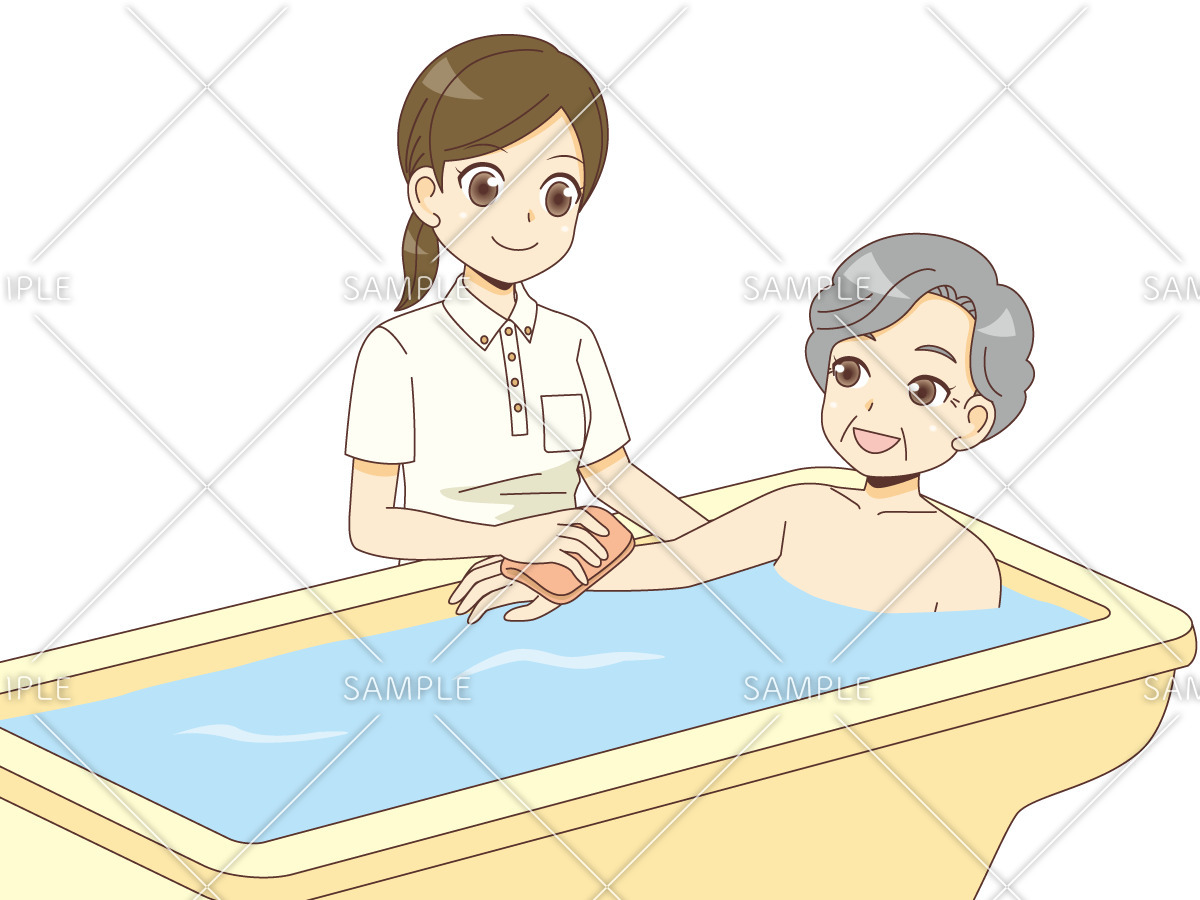 女性高齢者の入浴介助を行う介護職（歩行介助・入浴介助・おむつ交換/介護・生活）のイラスト