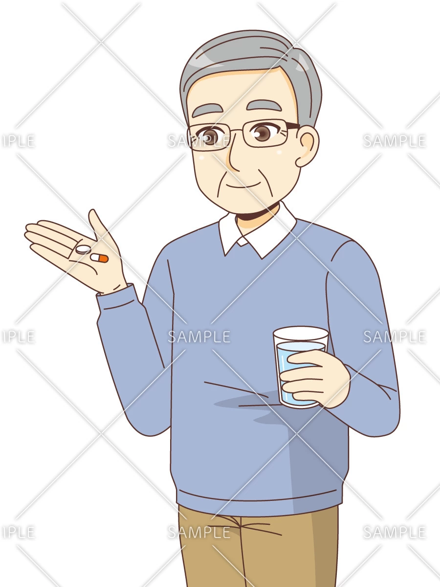 薬を飲む男性高齢者（薬・服薬/介護・生活）のイラスト