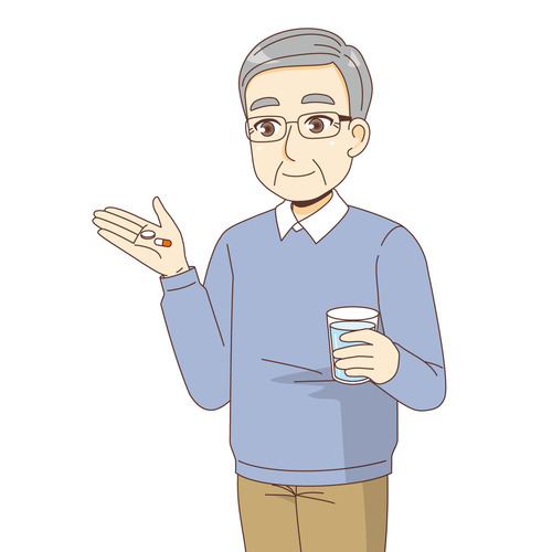 薬を飲む男性高齢者（薬・服薬/介護・生活）のイラスト