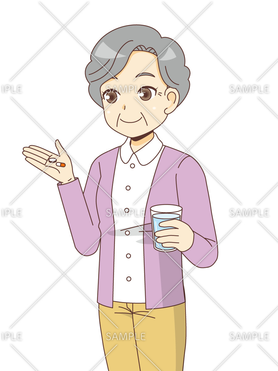 薬を飲む女性高齢者（薬・服薬/介護・生活）のイラスト