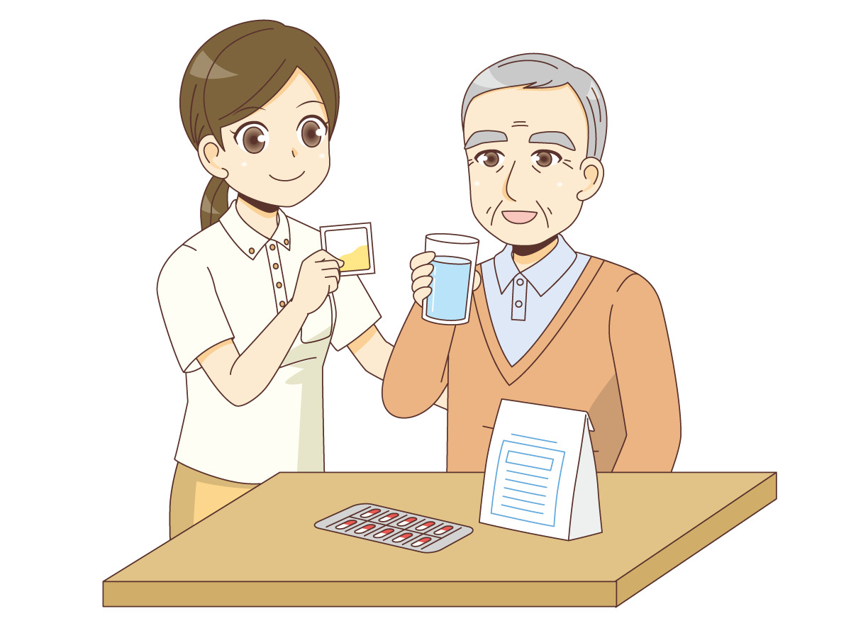 薬を飲む男性高齢者を見守る介護職 薬 服薬 介護 生活 の無料イラスト 介護アンテナ