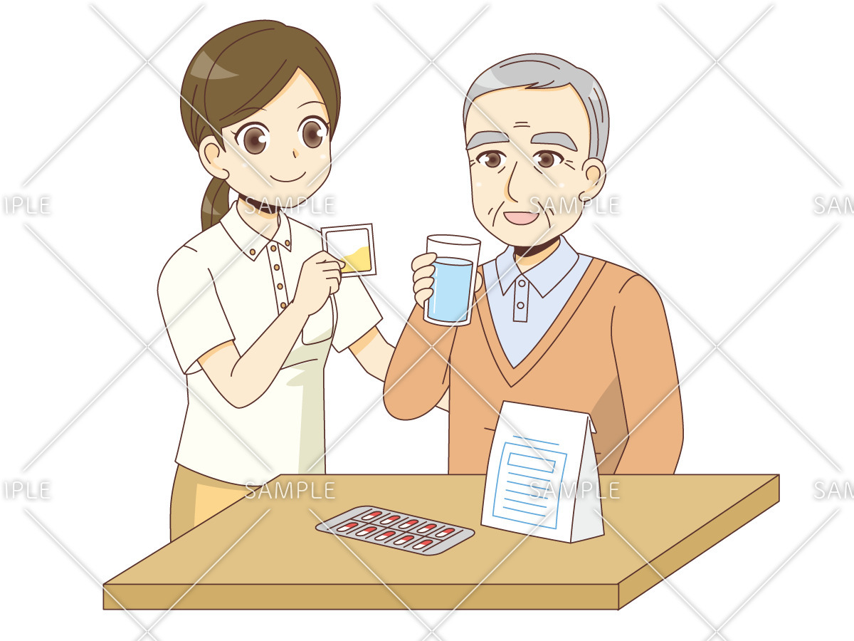 薬を飲む男性高齢者を見守る介護職（薬・服薬/介護・生活）のイラスト