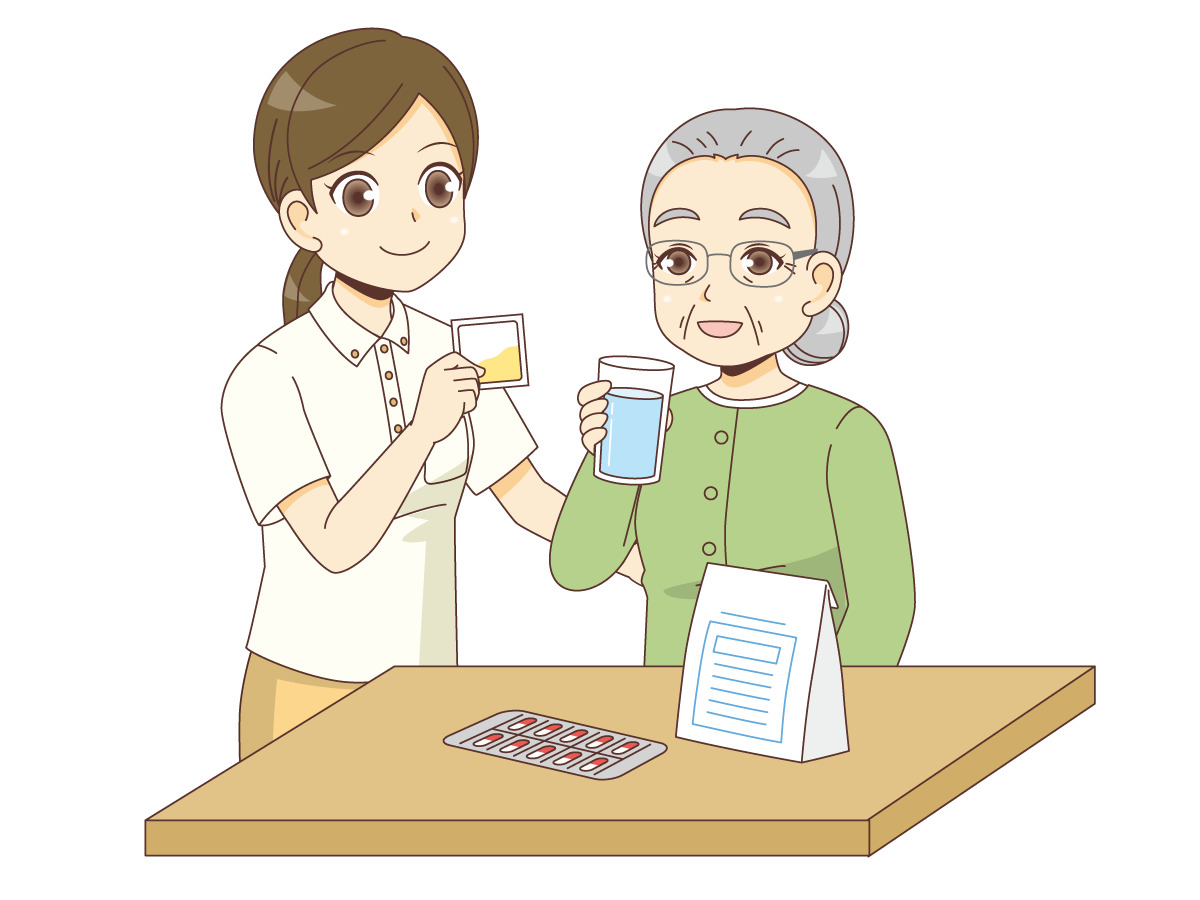 薬を飲む女性高齢者を見守る介護職 薬 服薬 介護 生活 の無料イラスト 介護アンテナ 薬を飲む女性高齢者を見守る介護職 薬 服薬 介護 生活 の無料イラスト 介護アンテナ