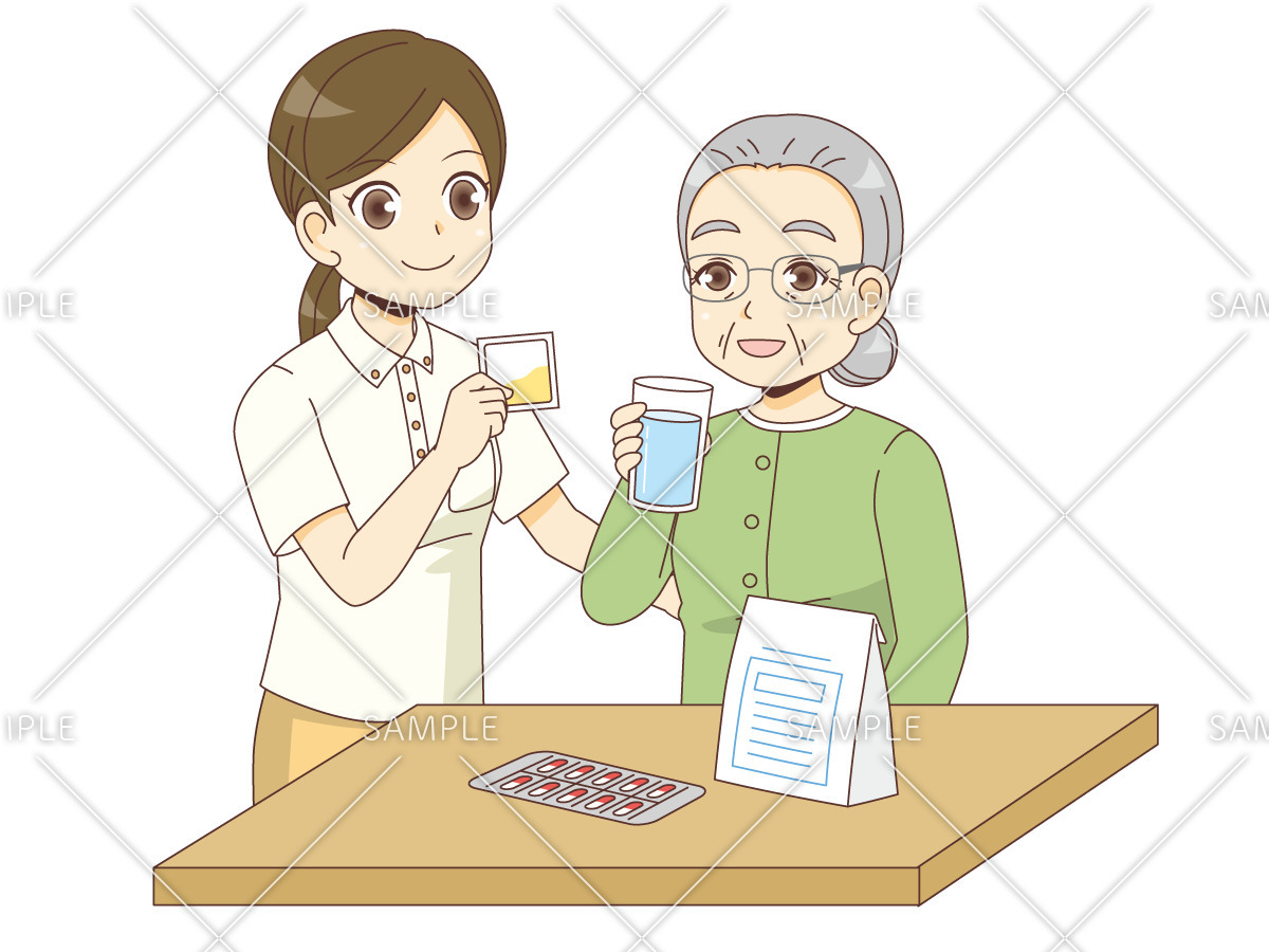 薬を飲む女性高齢者を見守る介護職（薬・服薬/介護・生活）のイラスト