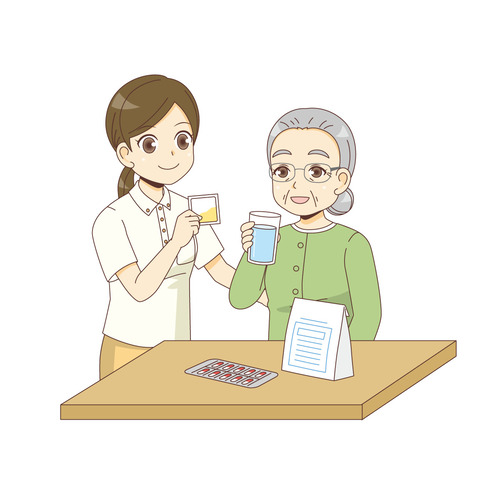 薬を飲む女性高齢者を見守る介護職（薬・服薬/介護・生活）のイラスト
