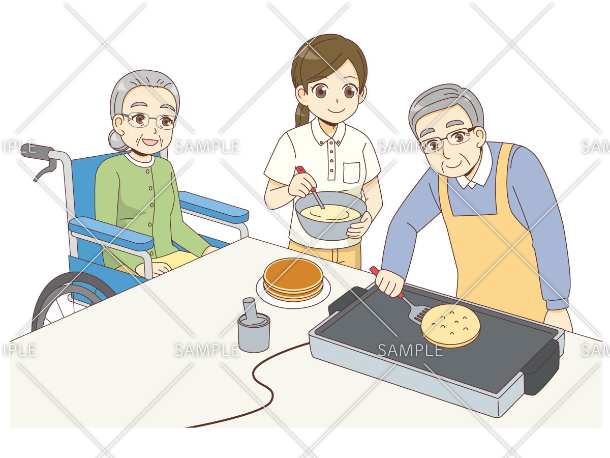 レクリエーションでホットケーキをつくる男女の高齢者と女性介護職（レクリエーション・イベント/介護・生活）のイラスト