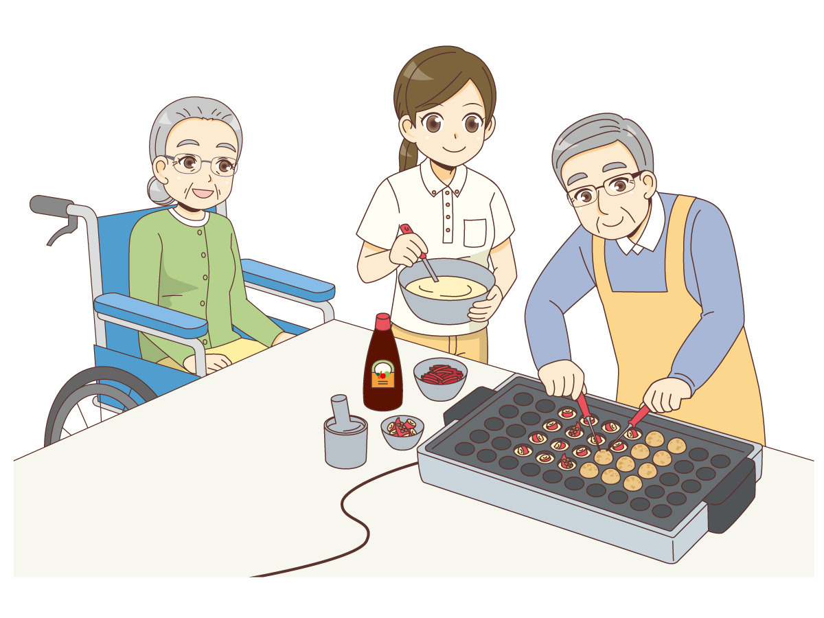 レクリエーションでたこ焼きをつくる男女の高齢者と女性介護職 レクリエーション イベント 介護 生活 の無料イラスト 介護アンテナ レクリエーションでたこ焼きをつくる男女の高齢者と女性介護職 レクリエーション イベント 介護 生活 の無料イラスト 介護アンテナ