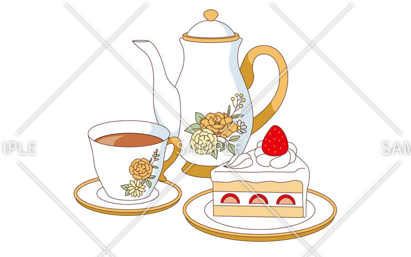 ショートケーキと紅茶 食べ物 飲み物 その他一般 装飾 の無料イラスト 介護アンテナ