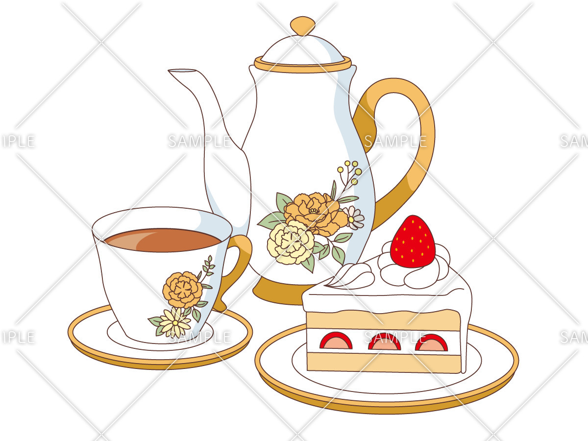 ショートケーキと紅茶（食べ物・飲み物/その他一般・装飾）のイラスト
