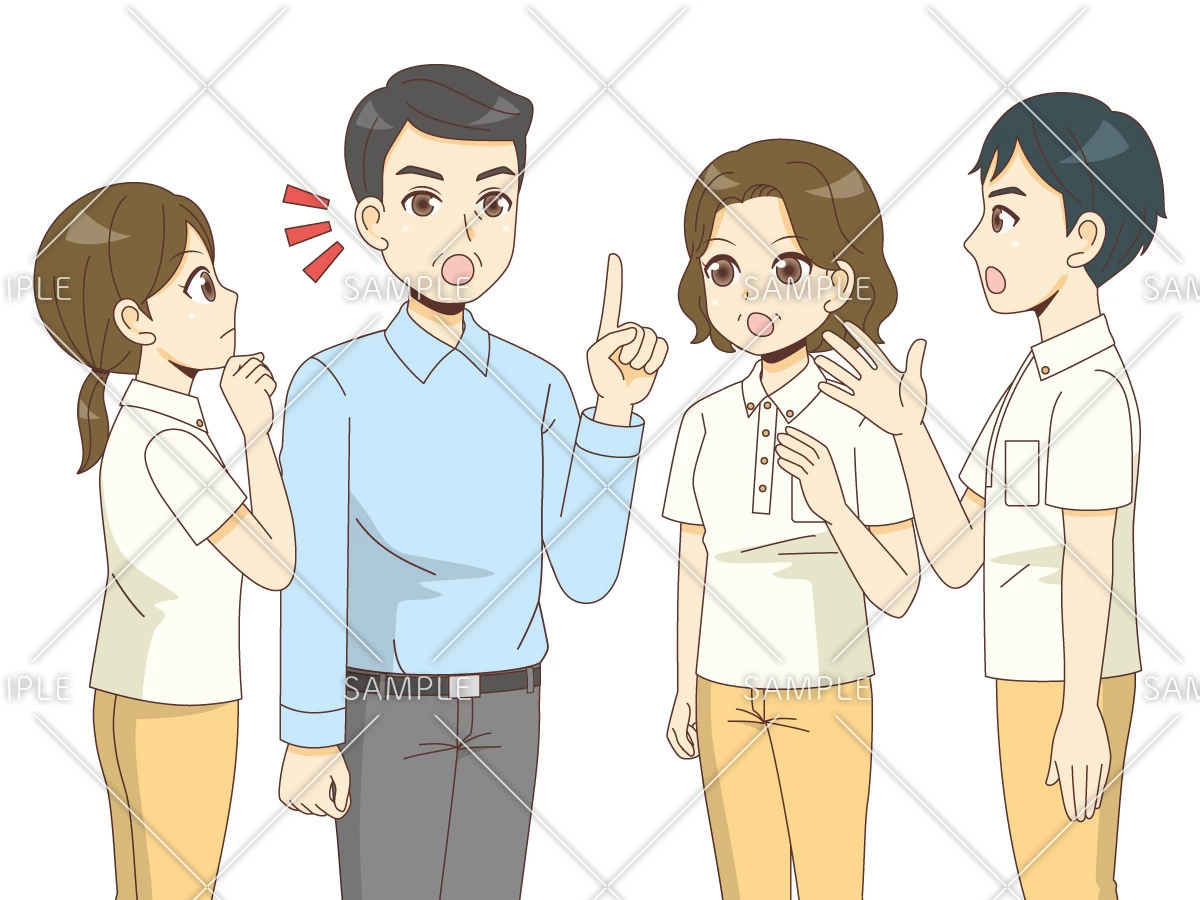 話し合いをする男女の介護職と施設長（介護士・ヘルパー/介護現場の人物）のイラスト