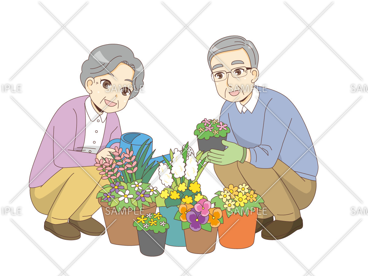 高齢者同士の園芸（レクリエーション・イベント/介護・生活）のイラスト