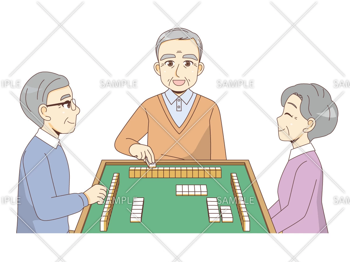 麻雀を楽しむ高齢者（レクリエーション・イベント/介護・生活）のイラスト