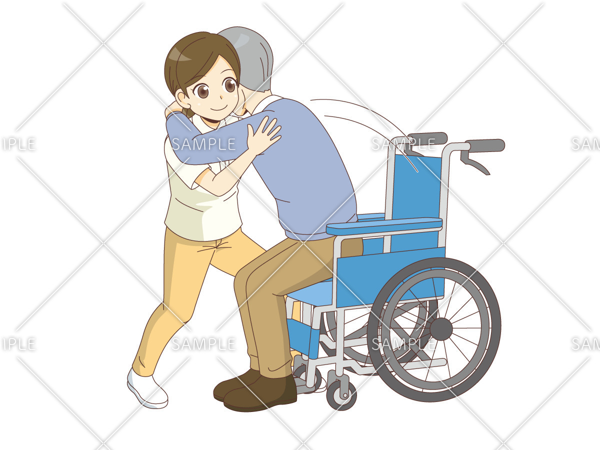 車椅子からの移乗（歩行介助・入浴介助・おむつ交換/介護・生活）のイラスト