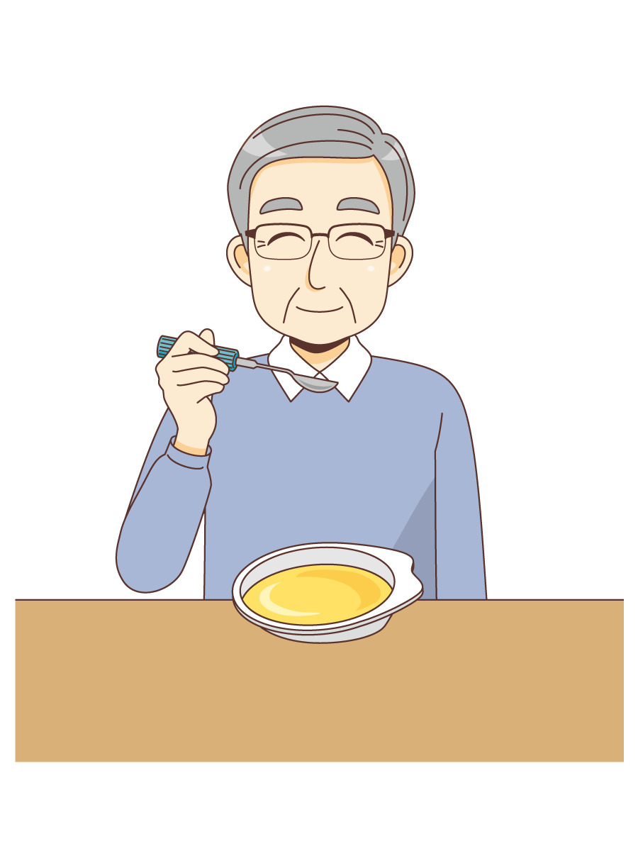 自助食器 お皿 スプーン を使ってミキサー食を食べる男性高齢者 食事 食事介助 介護 生活 の無料イラスト 介護アンテナ