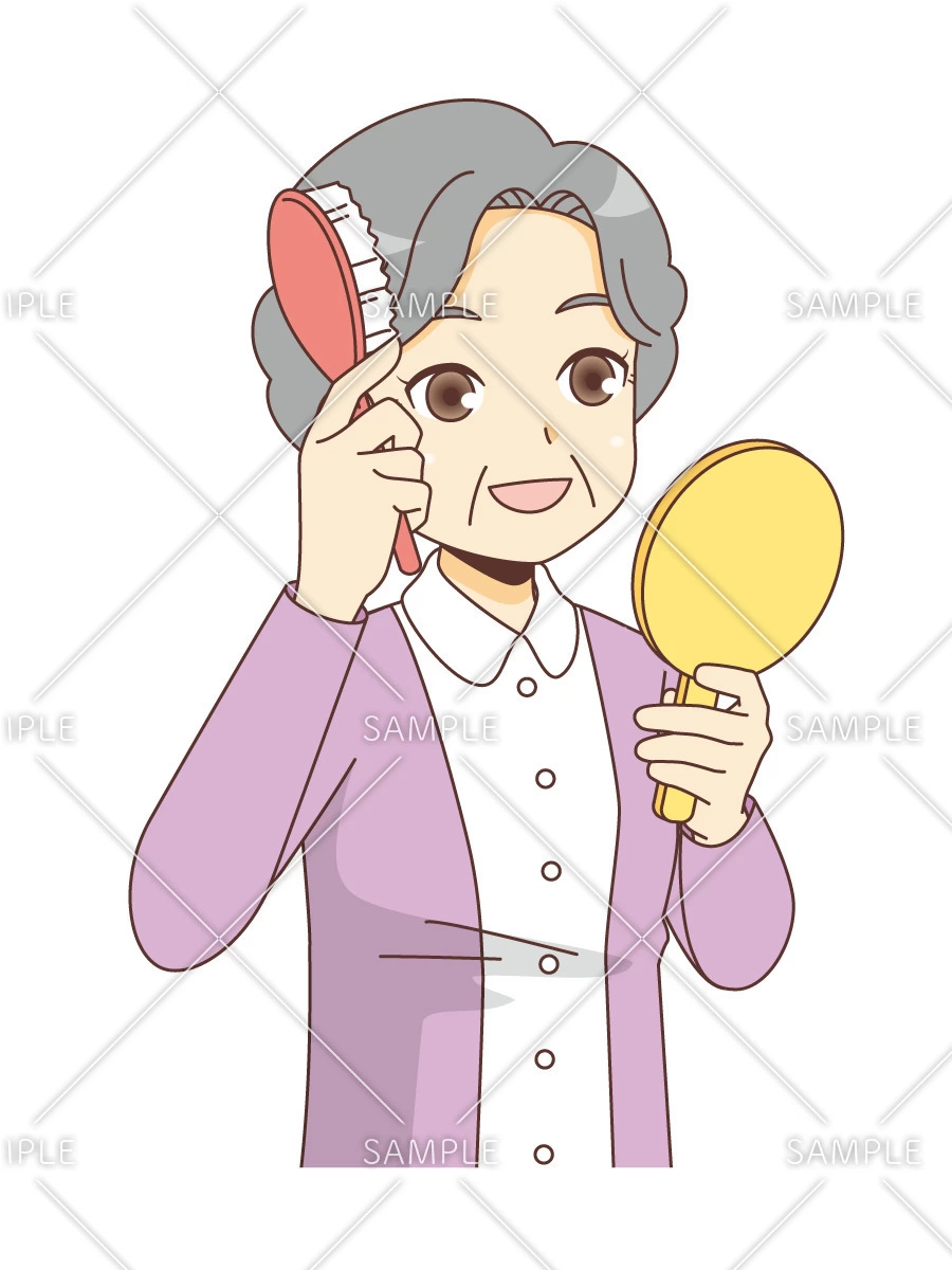 髪をとかす女性高齢者（高齢者（おばあさん・おじいさん）/介護現場の人物）のイラスト