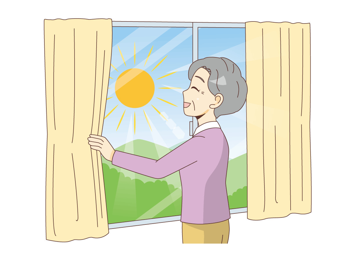 カーテンを開けて日光を浴びる女性高齢者 高齢者 おばあさん おじいさん 介護現場の人物 の無料イラスト 介護アンテナ