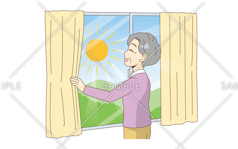 カーテンを開けて日光を浴びる女性高齢者 高齢者 おばあさん おじいさん 介護現場の人物 の無料イラスト 介護アンテナ