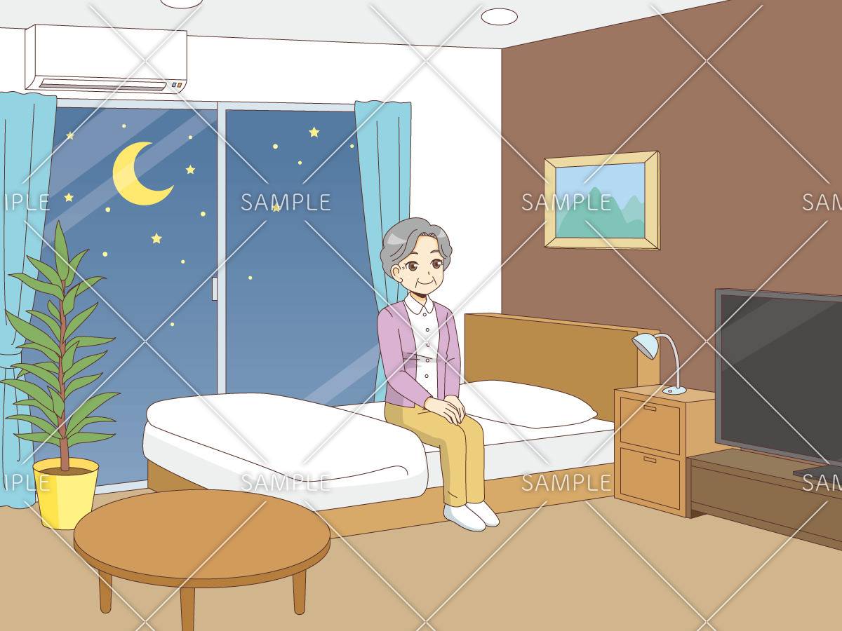 夜に部屋でくつろぐ女性高齢者 高齢者 おばあさん おじいさん 介護現場の人物 の無料イラスト 介護アンテナ
