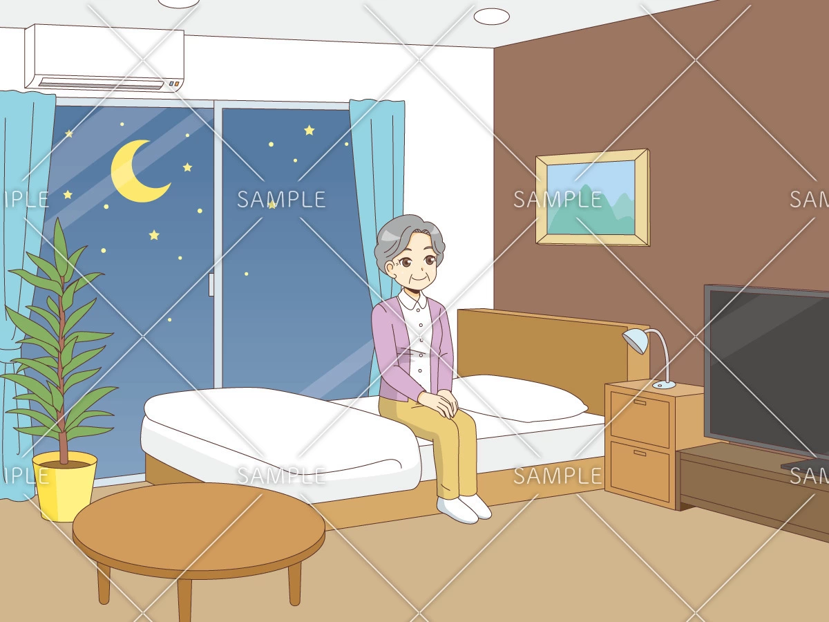 夜に部屋でくつろぐ女性高齢者（高齢者（おばあさん・おじいさん）/介護現場の人物）のイラスト