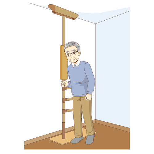 姿勢保持用クッション付き手すりに寄りかかる男性高齢者（杖・歩行器・手すり/福祉用具）のイラスト