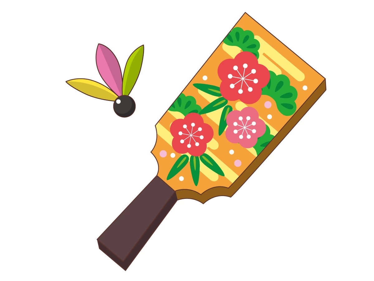 カラフルな羽子板 子供のイラスト付き 羽子板で羽根つきをして遊ぶ子供