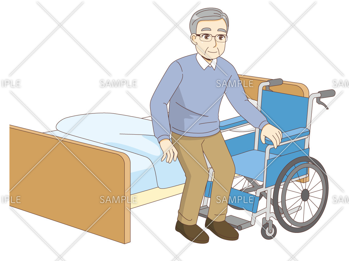 ベッドから車椅子へ移乗する男性高齢者（高齢者（おばあさん・おじいさん）/介護現場の人物）のイラスト