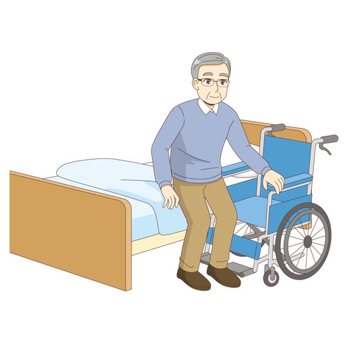 ベッドから車椅子へ移乗する男性高齢者（高齢者（おばあさん・おじいさん）/介護現場の人物）のイラスト