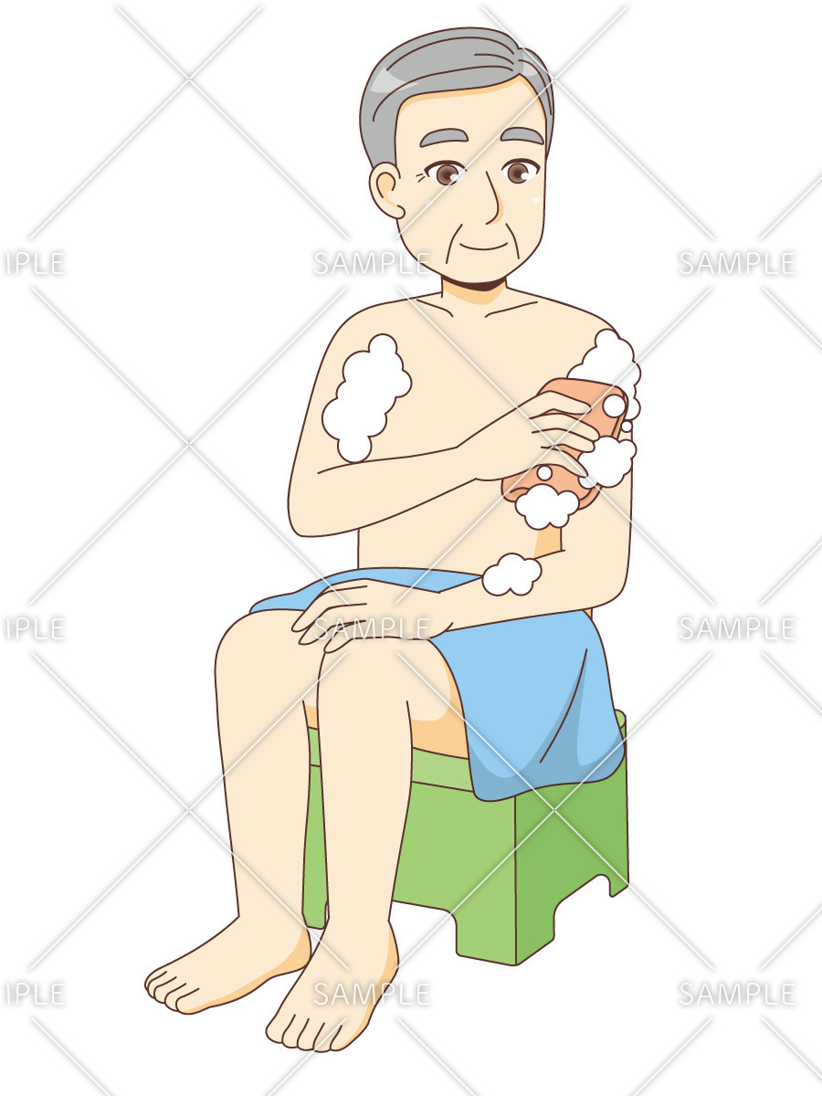 身体を洗う男性高齢者（高齢者（おばあさん・おじいさん）/介護現場の人物）のイラスト
