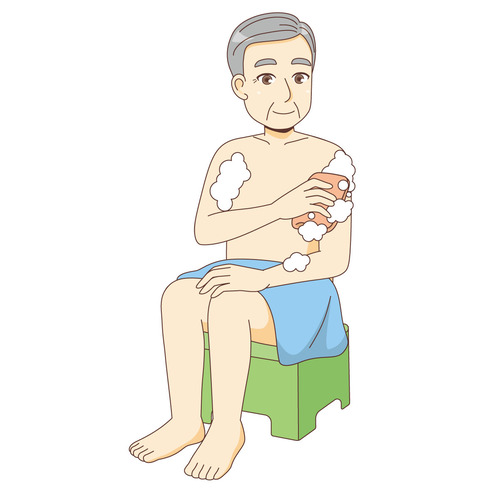 身体を洗う男性高齢者（高齢者（おばあさん・おじいさん）/介護現場の人物）のイラスト