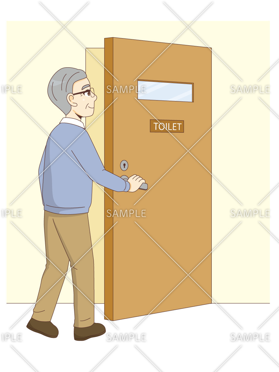 トイレに入る男性高齢者（高齢者（おばあさん・おじいさん）/介護現場の人物）のイラスト