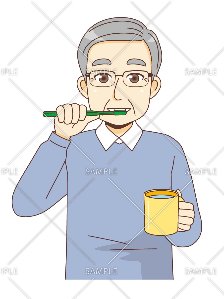 歯磨きをする男性高齢者（高齢者（おばあさん・おじいさん）/介護現場の人物）のイラスト