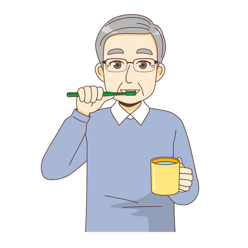 歯磨きをする男性高齢者（高齢者（おばあさん・おじいさん）/介護現場の人物）のイラスト