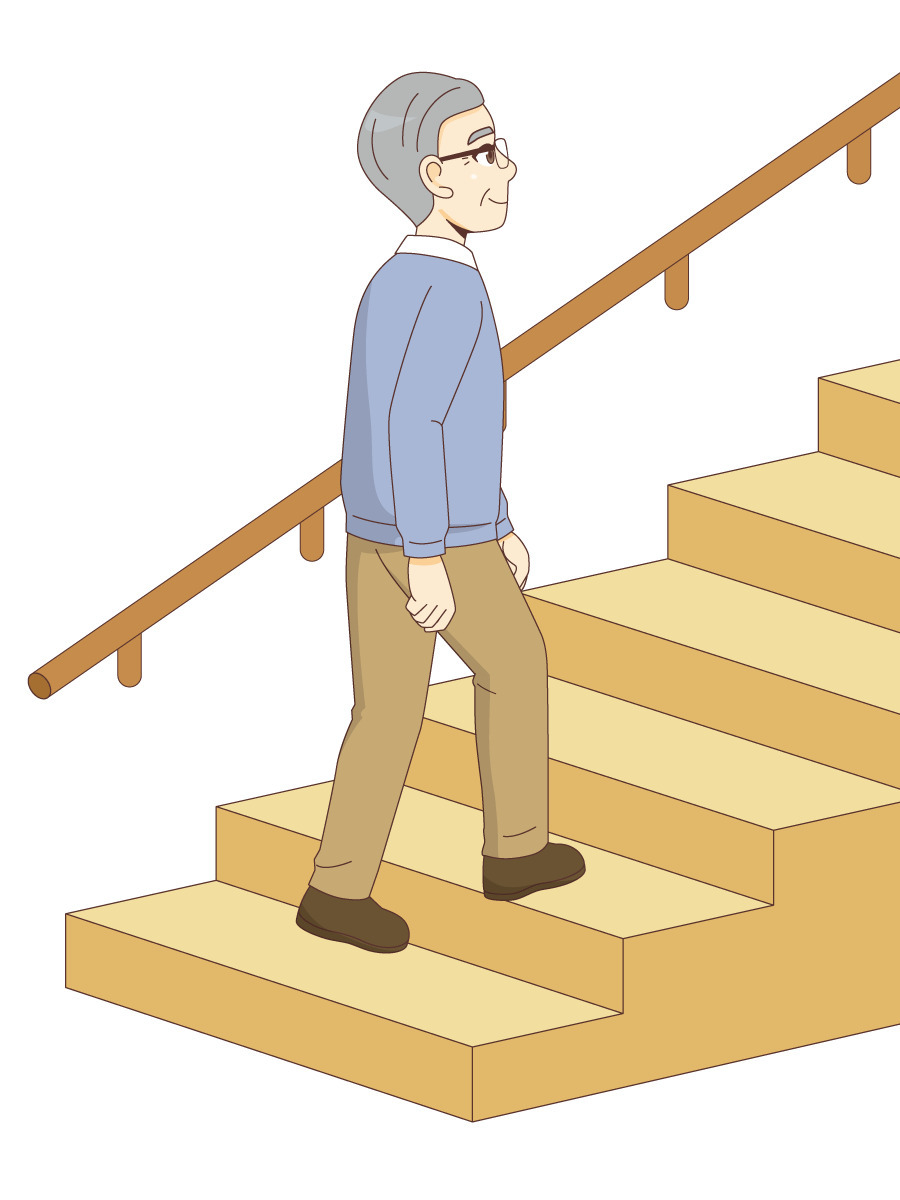 手すり付きの階段を上る男性高齢者 高齢者 おばあさん おじいさん 介護現場の人物 の無料イラスト 介護アンテナ