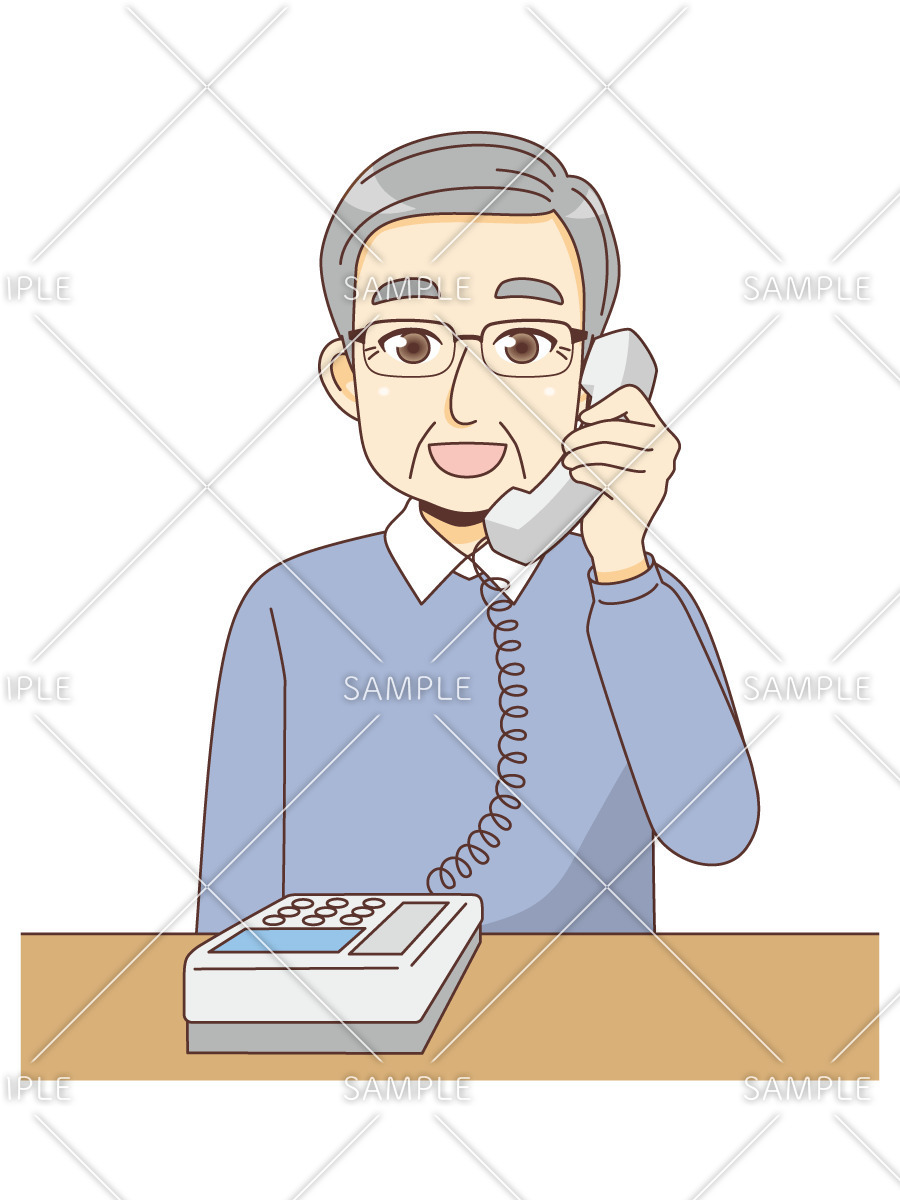 電話をかける男性高齢者（高齢者（おばあさん・おじいさん）/介護現場の人物）のイラスト