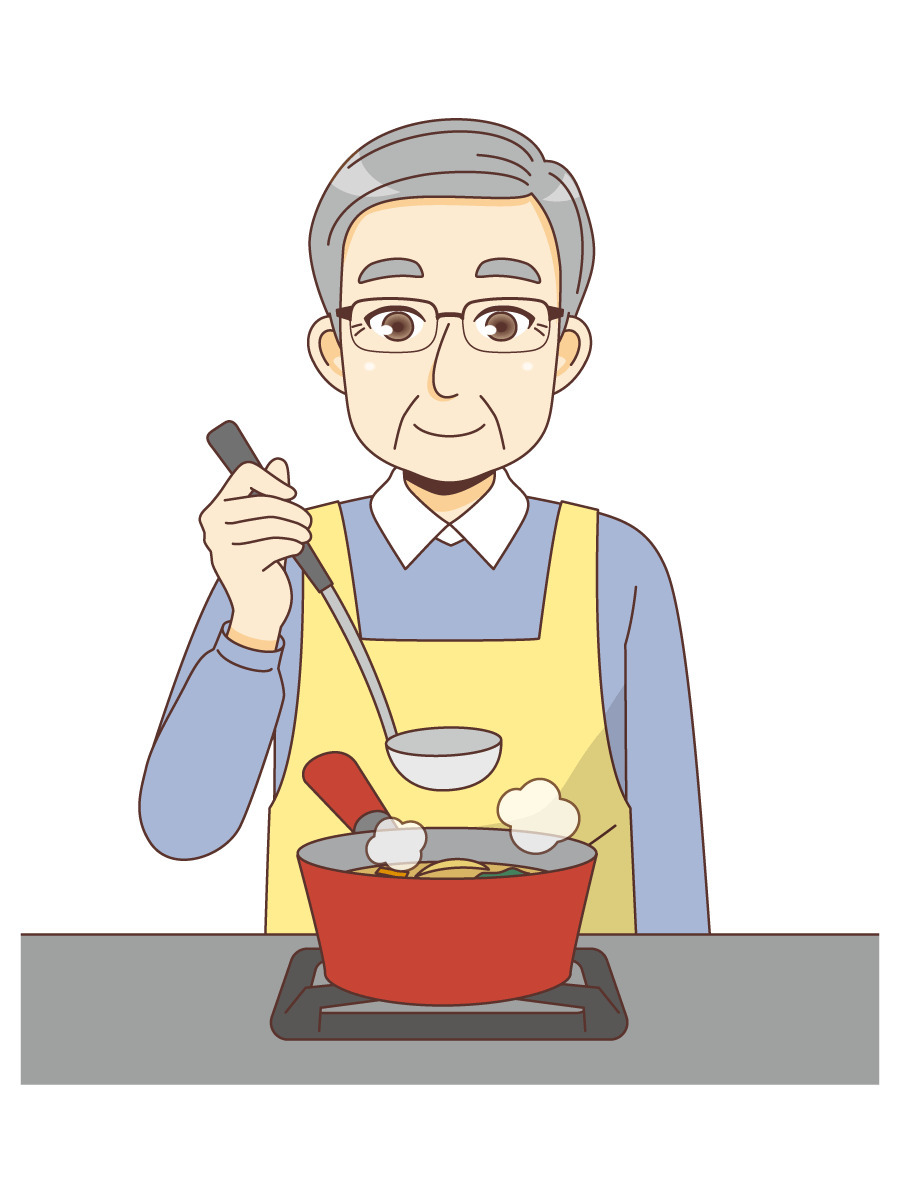料理をする男性高齢者 高齢者 おばあさん おじいさん 介護現場の人物 の無料イラスト 介護アンテナ