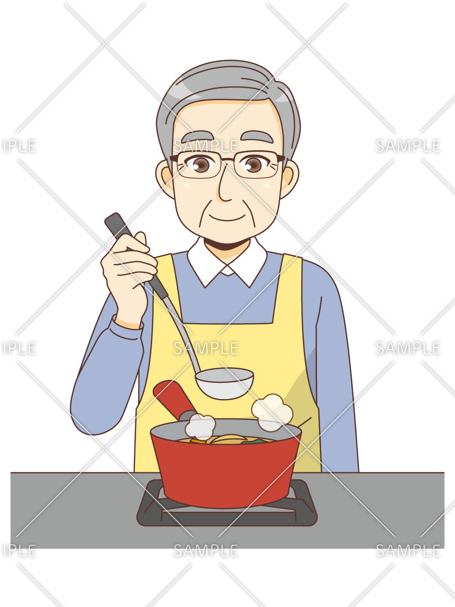 料理をする男性高齢者（高齢者（おばあさん・おじいさん）/介護現場の人物）のイラスト
