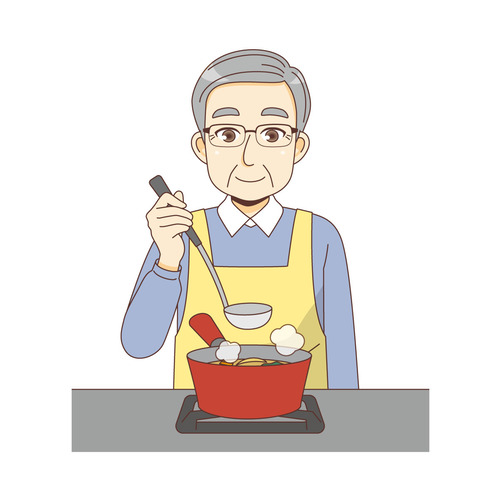 料理をする男性高齢者（高齢者（おばあさん・おじいさん）/介護現場の人物）