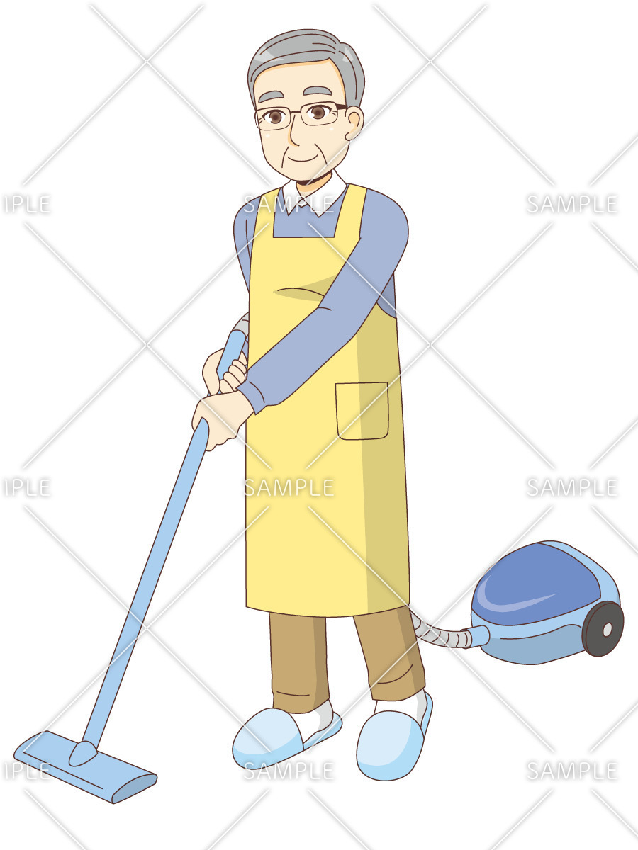 掃除をする男性高齢者（高齢者（おばあさん・おじいさん）/介護現場の人物）のイラスト