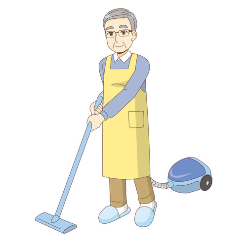 掃除をする男性高齢者（高齢者（おばあさん・おじいさん）/介護現場の人物）