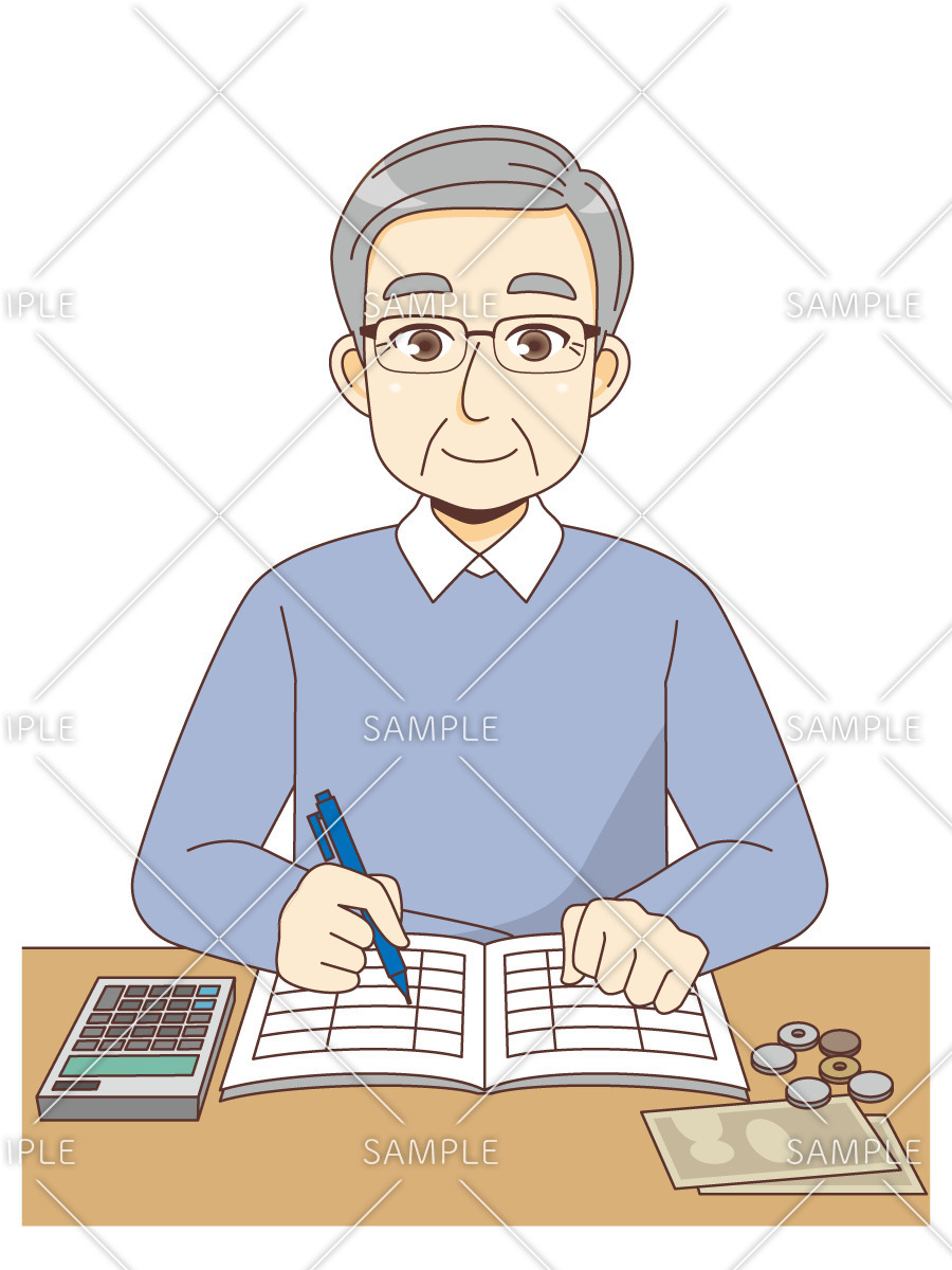 金銭管理をする男性高齢者（高齢者（おばあさん・おじいさん）/介護現場の人物）のイラスト