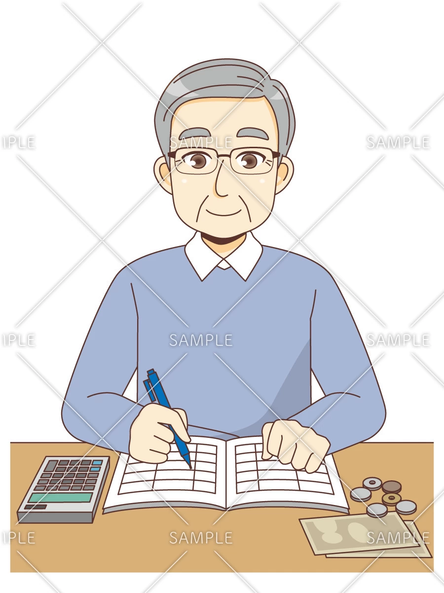金銭管理をする男性高齢者（高齢者（おばあさん・おじいさん）/介護現場の人物）のイラスト