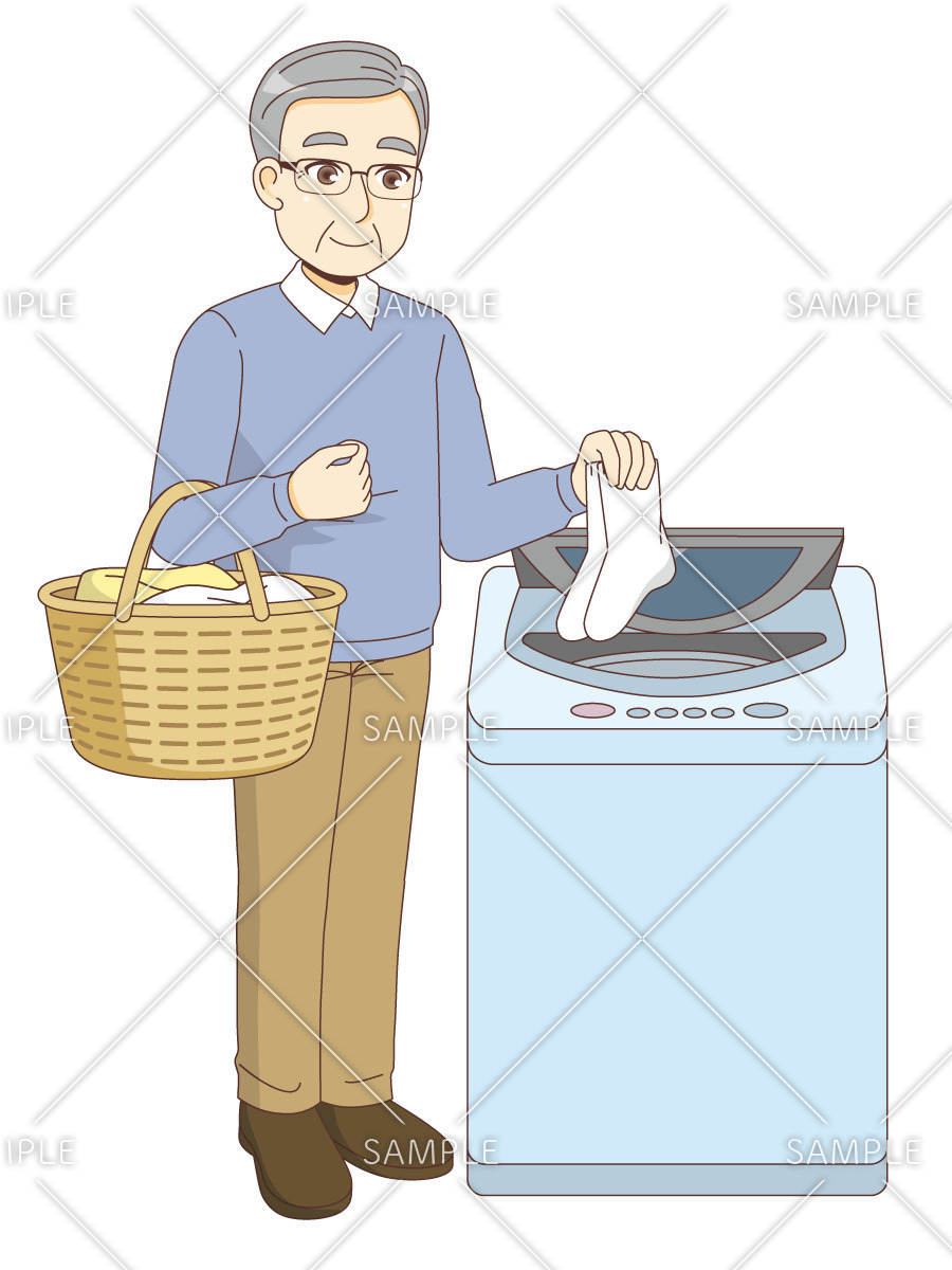 洗濯をする男性高齢者（高齢者（おばあさん・おじいさん）/介護現場の人物）のイラスト