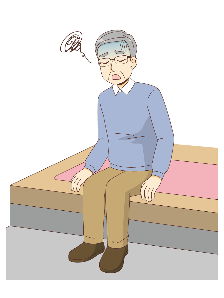 疲れて座っている男性高齢者 高齢者 おばあさん おじいさん 介護現場の人物 の無料イラスト 介護アンテナ