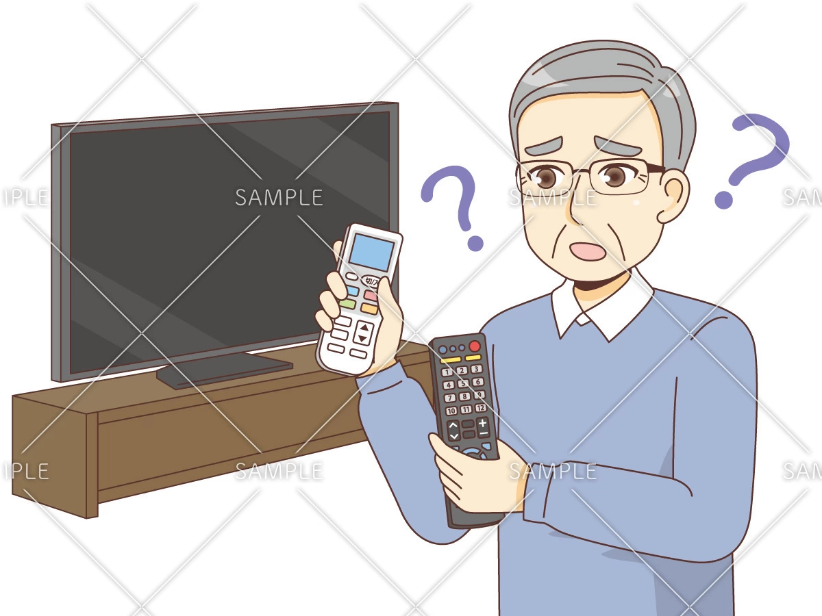 リモコンの区別がつかない男性高齢者（認知症・物忘れ/医療・病気）のイラスト