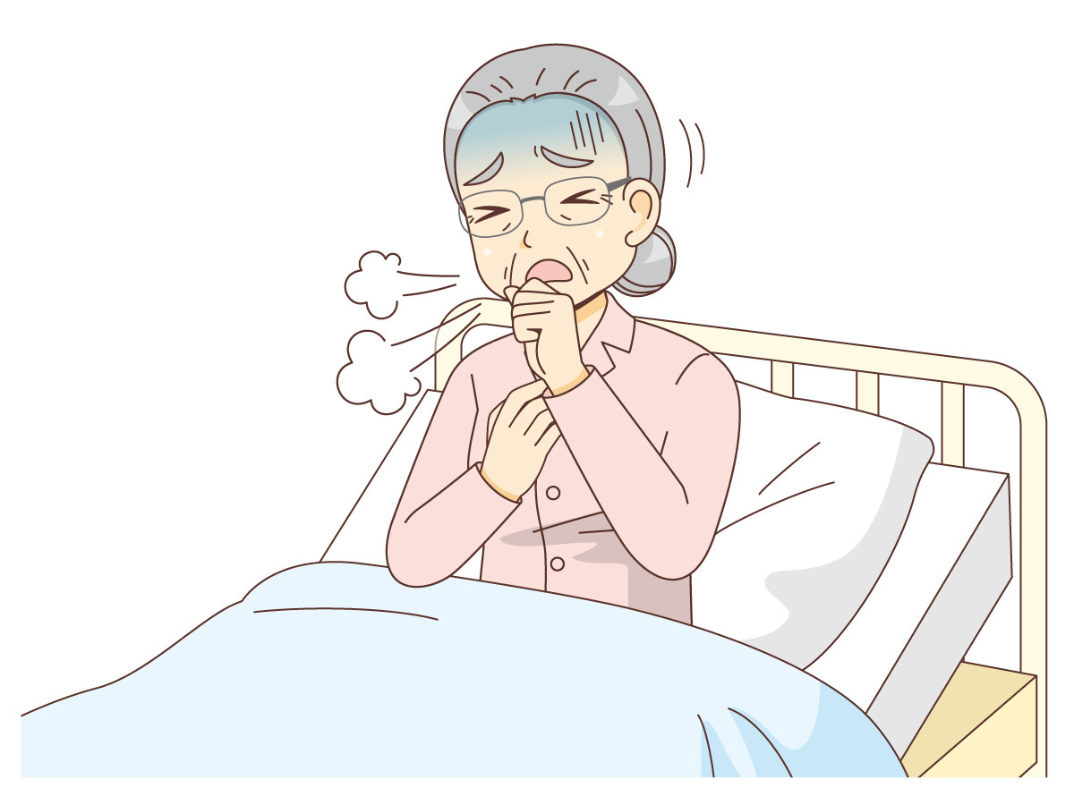 ベッドで咳き込む女性高齢者 その他高齢者の病気 ケガ 事故 医療 病気 の無料イラスト 介護アンテナ