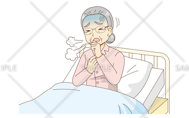 ベッドで咳き込む女性高齢者（その他高齢者の病気・ケガ・事故/医療・病気）の無料イラスト 介護アンテナ