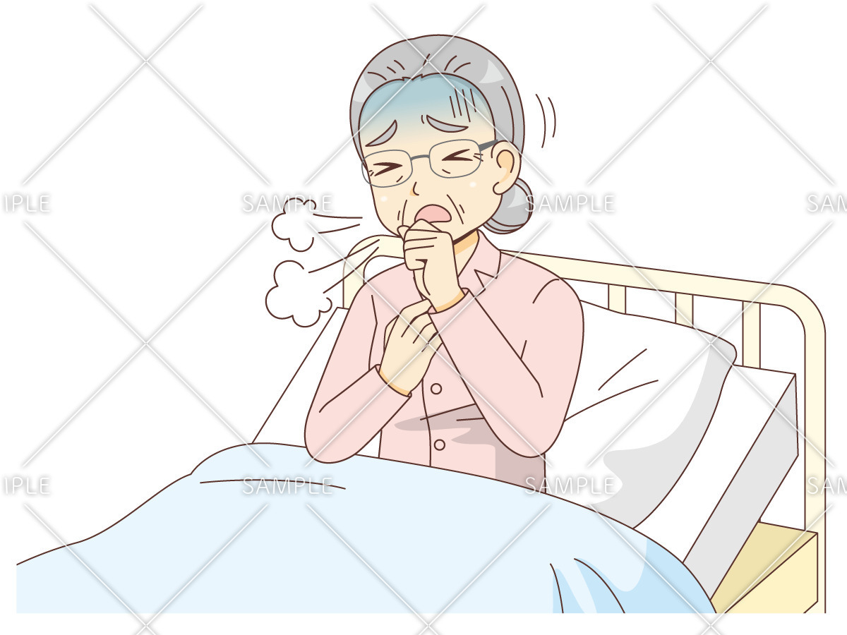 ベッドで咳き込む女性高齢者（その他高齢者の病気・ケガ・事故/医療・病気）のイラスト