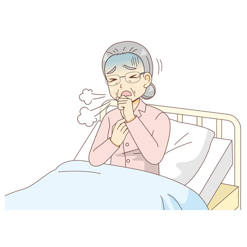 ベッドで咳き込む女性高齢者（その他高齢者の病気・ケガ・事故/医療・病気）のイラスト