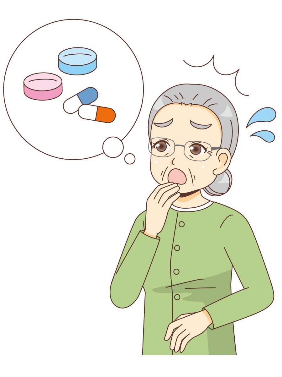 薬を飲み忘れた女性高齢者 薬 服薬 介護 生活 の無料イラスト 介護アンテナ