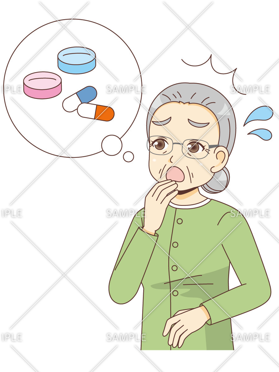 薬を飲み忘れた女性高齢者（薬・服薬/介護・生活）のイラスト